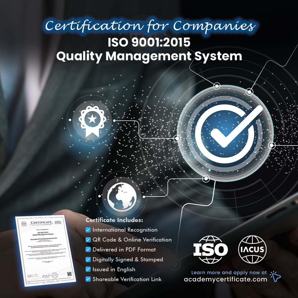 ISO 9001:2015 Quality Management System Certification for Companies and Institutions